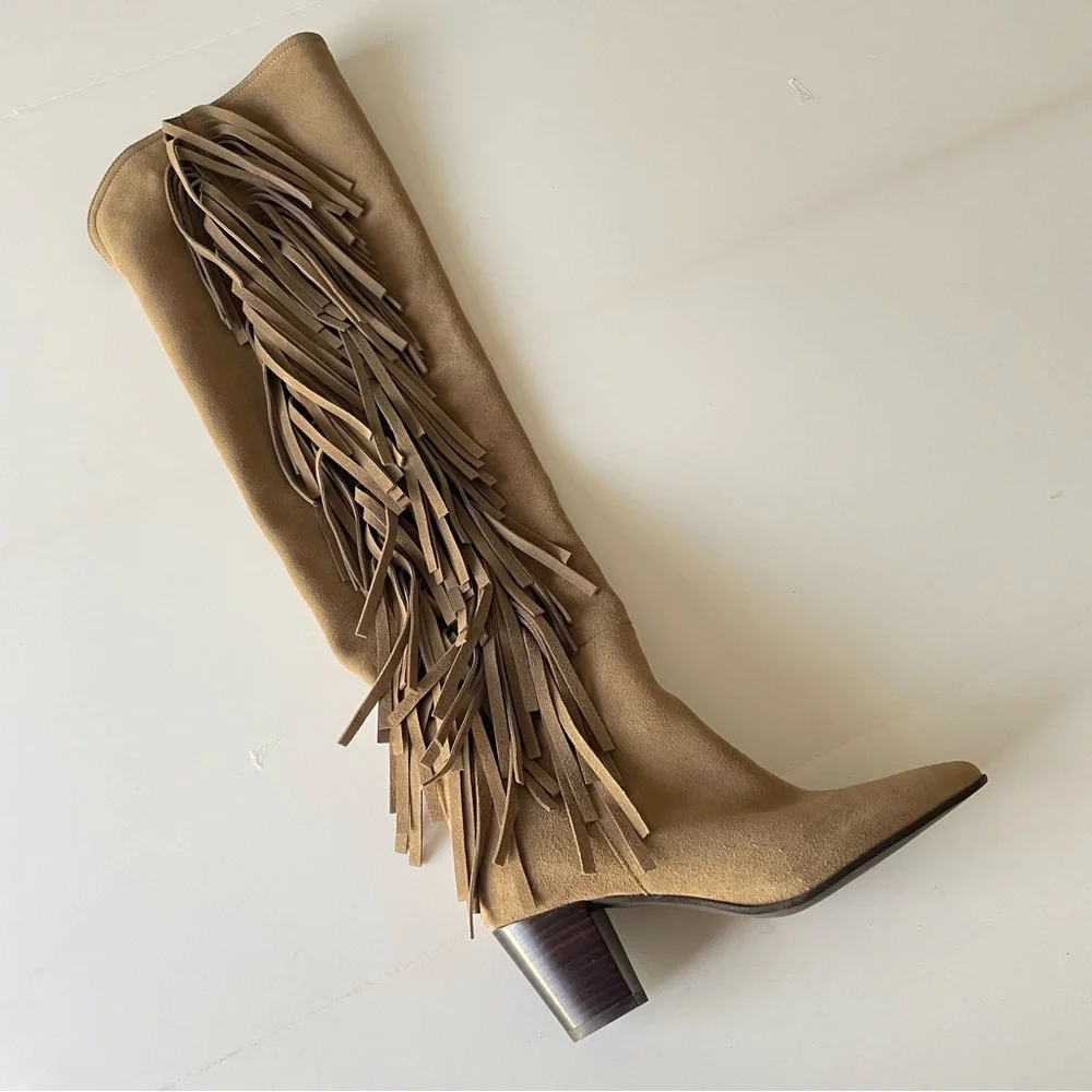 Zara Tan Over the Knee Fringe Cowboy Boots Western Bohemian Heel NWOT 6.5